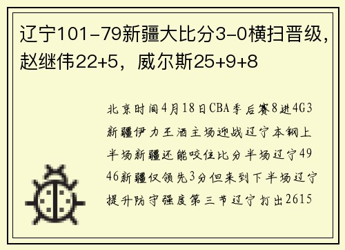 辽宁101-79新疆大比分3-0横扫晋级，赵继伟22+5，威尔斯25+9+8
